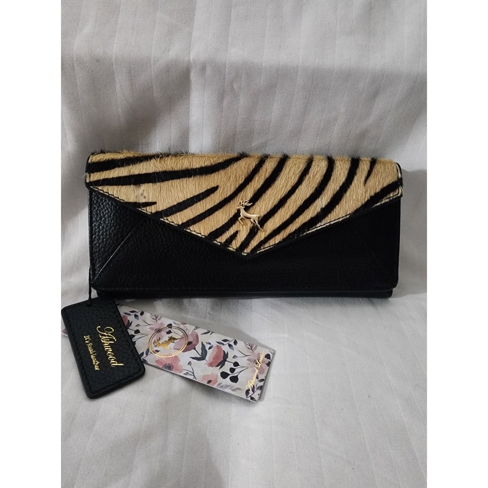 Ashwood Leather Zebra Hair On Hide RFID Black Leather Envelope Clutch Wallet